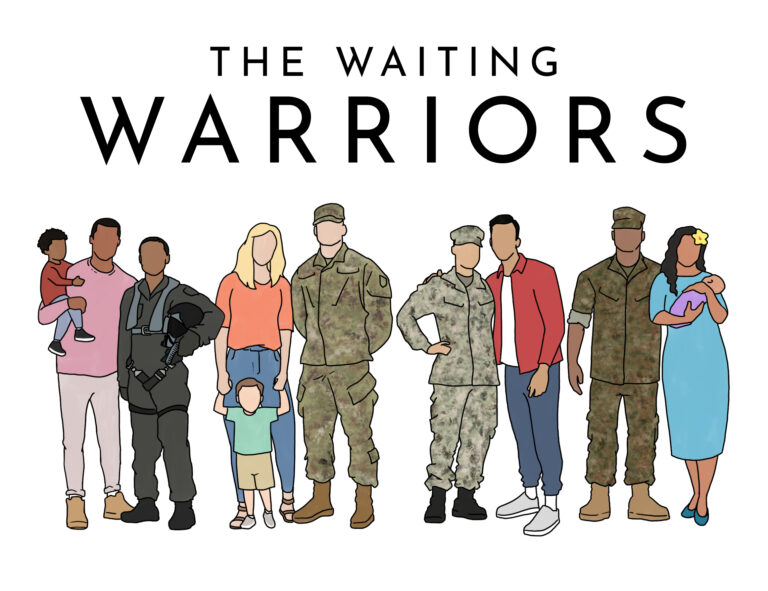 The Waiting Warriors logo. Depicts couples: an airmen with her husband and child, a soldier with his wife and toddler, a navy sailor and her boyfriend, and a marine and his wife and baby.